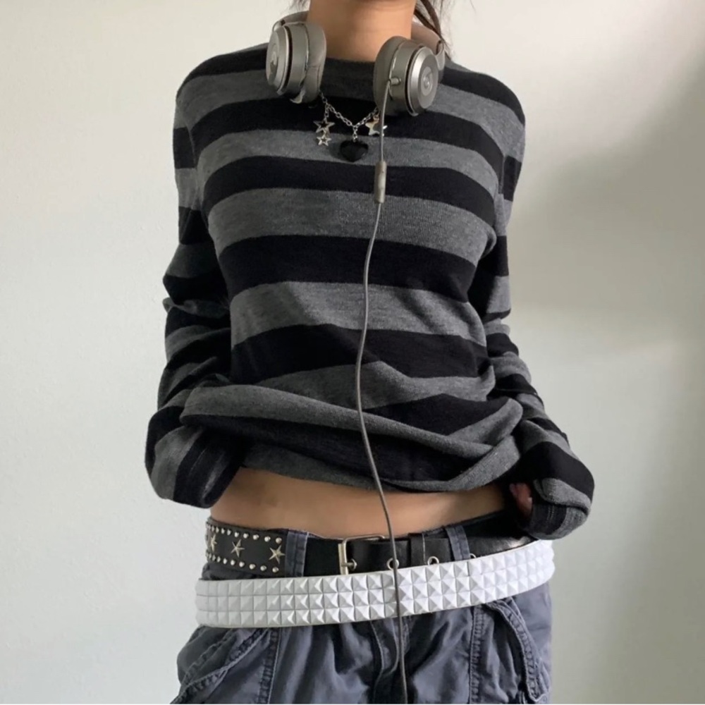 Y2K Casual Striped Long Sleeve T-Shirts, Striped T Shirts Crew Neck Tops